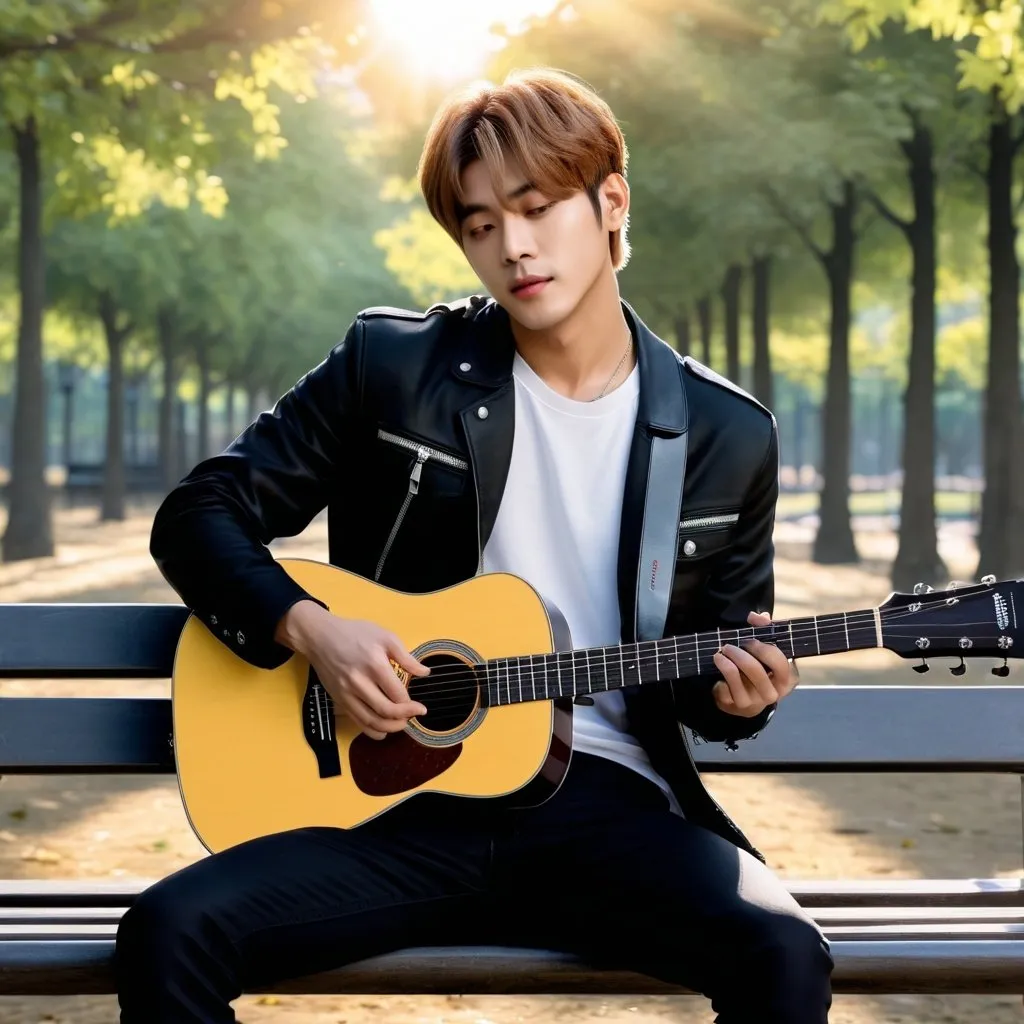 Prompt: Kim Taehyung is sitting on a bench at the park playing his guitar. The guitar is black. 8k realism, frontal view. The sun is shining, partly cloudy