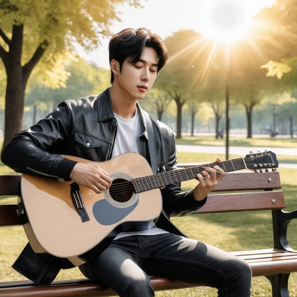 Prompt: Kim Seokjin is sitting on a bench at the park playing his guitar. The guitar is black. 8k realism, frontal view. The sun is shining, partly cloudy