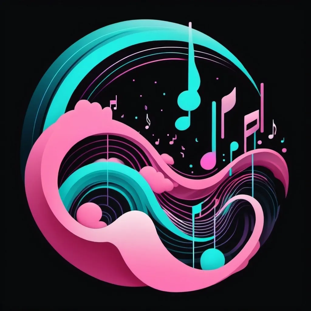 Prompt: illustration music, cyan pink, symbolism, cloudcore, endercore, black background, wavy lines organic shapes, logo