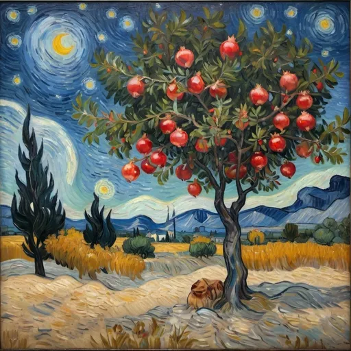 Prompt: An impressionist painting like Van Gogh's Starry Night in a square frame. In the distance is a pomegranate tree with some red pomegranates hanging from the tree. The sky is full of stars.