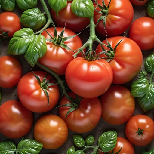 Prompt: (new tomato), vibrant colors, warm tones, photorealistic, high detail, ultra-detailed textures, glossy shine, freshly harvested, ripe and juicy appearance, natural light, intense depth, close-up shot, rustic background, lush green leaves, earthy elements, immersive atmosphere, high quality, 4K resolution, inviting and fresh, botanical art, focused and crisp, cinematic composition.