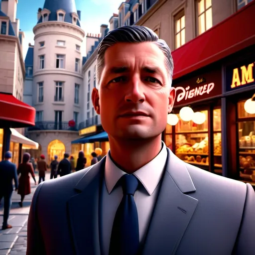Prompt: realism style, (Disney Pixar character), elegant business man with a villainous expression, standing confidently on a bustling Parisian street, (vibrant colors), detailed architecture in the background, dynamic atmosphere, lively crowd and street markets, (3D render), high depth, ultra-detailed, enchanting ambiance, romantic setting with hints of mystery.