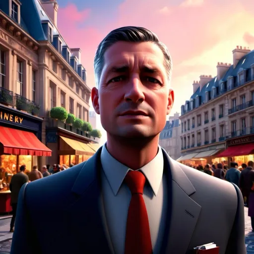 Prompt: realism style, (Disney Pixar character), elegant business man with a villainous expression, standing confidently on a bustling Parisian street, (vibrant colors), detailed architecture in the background, dynamic atmosphere, lively crowd and street markets, (3D render), high depth, ultra-detailed, enchanting ambiance, romantic setting with hints of mystery.