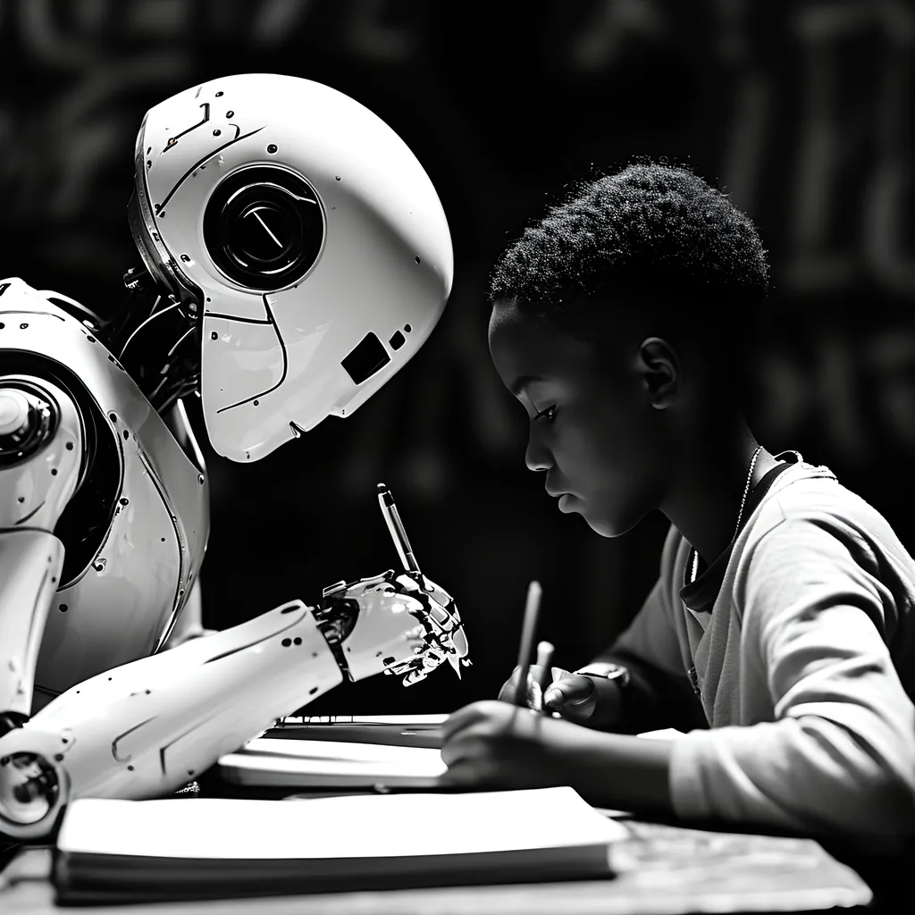 Prompt: a black and white photograph of a robot  teaching a student how to write