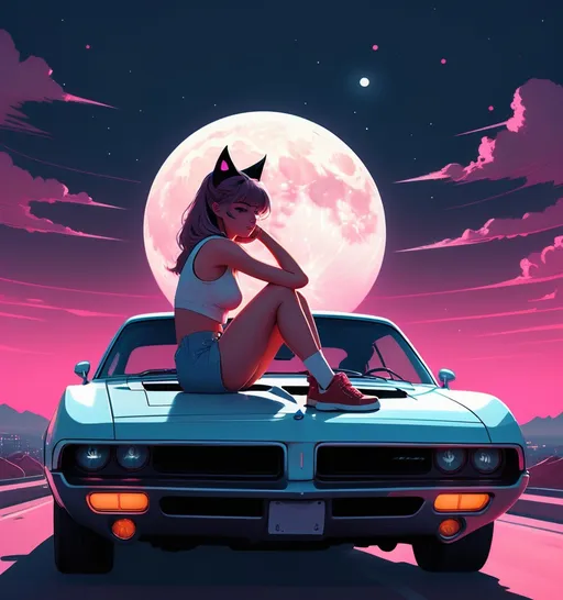 Prompt: a girl sitting on the hood of a hellcat with cat ears on it's head and a full moon in the background, Alena Aenami, retrofuturism, synthwave style, simple anime style