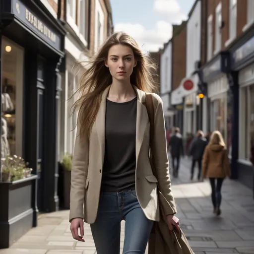 Prompt: Tall young woman walking down the high street, detailed clothing, realistic, natural lighting
