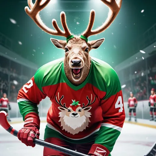 Prompt: an angry christmas reindeer hockey player