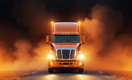 Prompt: a semi truck driving through a bright orenge light filled area of smoke with a bright yellow and orange light behind it,, photorealism, promotional image, a computer rendering, 4k real