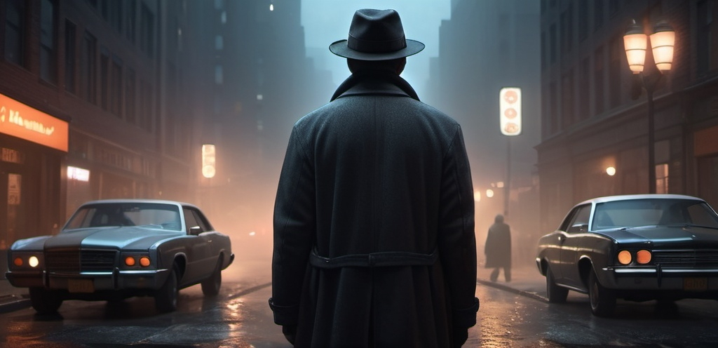 Prompt: On a misty, dark night in the city, a mysterious figure stands in a cinematic pose. The scene is set with hyper-realistic detail, capturing the blowing wind and the atmospheric darkness. The high-resolution 4K image features a full-body view of the figure, who is leaning against a 1960s car. The road is a textured brick path, adding to the gritty ambiance.

In the background, a woman walks toward the figure, her presence adding to the tension. The central character is a man in a hat and coat, embodying the archetype of the "father of sorrow and revenge." His detailed appearance, including pretty eyes, is captured in a photorealistic style.

This digital painting is highly detailed, with sharp focus, ideal for an artstation showcase or as a Discord profile picture. The illustration is crafted with Blender and rendered in 8K for a striking, lifelike effect.