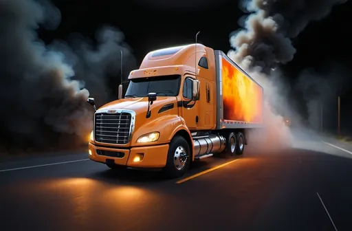 Prompt: a semi truck  with a, lyco art, realistic render, a digital rendering, riving through a bright orenge light filled area of smoke with a bright yellow and orange light behind it,, photorealism, promotional image, a computer rendering, 4k real