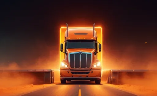 Prompt: a semi truck driving through a bright orenge light filled area ofsmoke with a bright yellow and orange light behind it, Beeple, photorealism, promotional image, a computer rendering, 4k real