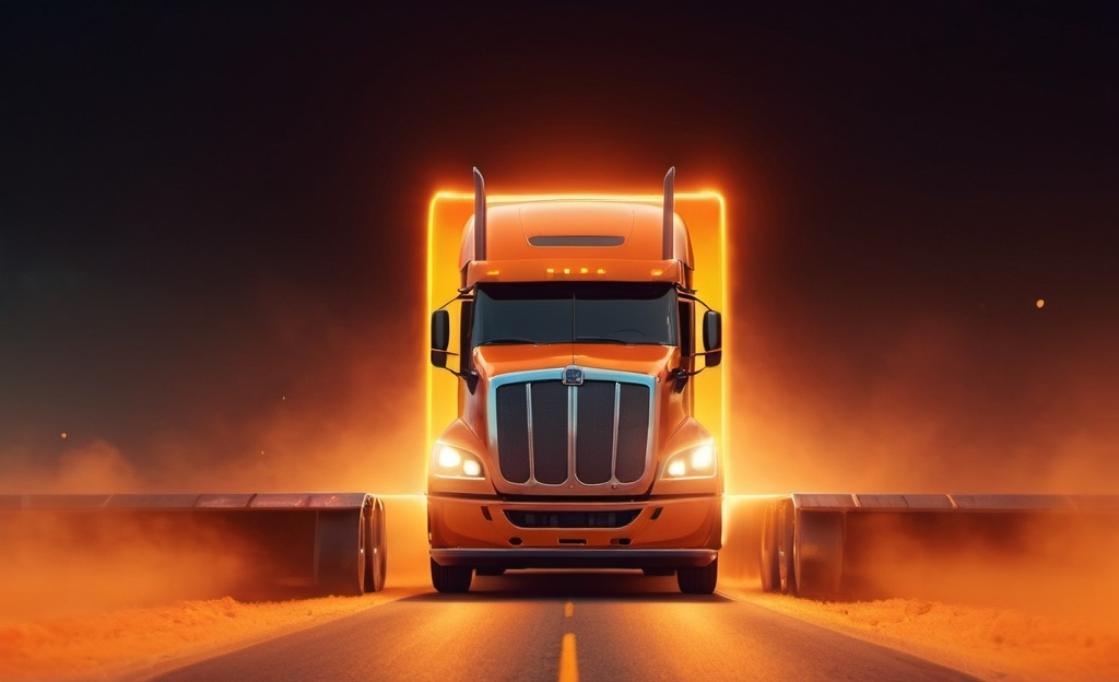 Prompt: a semi truck driving through a bright orenge light filled area ofsmoke with a bright yellow and orange light behind it, Beeple, photorealism, promotional image, a computer rendering, 4k real