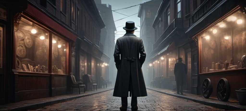 Prompt: detective on a mistic dark night in the city,A mystery figure can be seen , cinematic pose, night, blowing wind, hyper realistic, extremely detailed, dark cinematic, high resolution, 4K, full body, with a brick road, a women walking to him from behind as he leans on a 1960 car more reallistic,there is a man in a hat and coat standing in a room, mtg art, a steampunk store, tall and thin, photomorph, by Gu Zhengyi, the father of sorrow and revenge, wearing top hat, inspect in inventory image, discord profile picture, incredibly skinny, npc, without text, black and white artwork, highly detailed, digital painting, artstation, hyperrealistic, sharp focus, illustration, art by artgerm and greg rutkowski and alphonse mucha, 8k, pretty eyes, award-winning cgi, blender, headshot