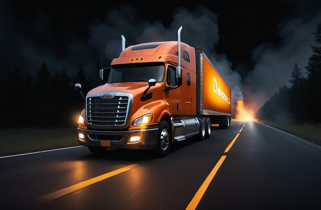 Prompt: a semi truck driving down a dark road at night with a Andries Stock, lyco art, realistic render, a digital rendering, riving through a bright orenge light filled area of smoke with a bright yellow and orange light behind it,, photorealism, promotional image, a computer rendering, 4k real