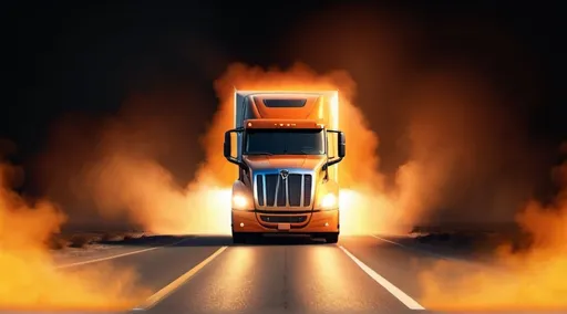 Prompt: a semi truck driving through a bright orenge light filled area of smoke with a bright yellow and orange light behind it,, photorealism, promotional image, a computer rendering, 4k real