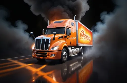 Prompt: a semi truck  with a Andries Stock, lyco art, realistic render, a digital rendering, riving through a bright orenge light filled area of smoke with a bright yellow and orange light behind it,, photorealism, promotional image, a computer rendering, 4k real