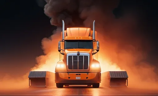 Prompt: a semi truck driving through a bright orenge light filled area of smoke with a bright yellow and orange light behind it, Beeple, photorealism, promotional image, a computer rendering, 4k real