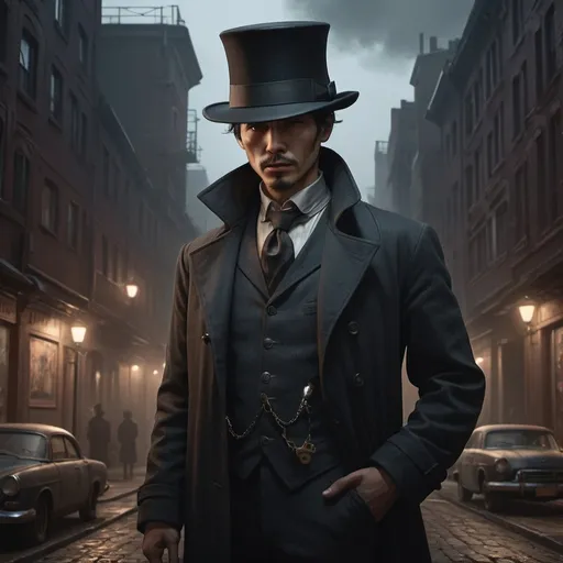 Prompt: detective on a mistic dark night in the city,A mystery figure can be seen , cinematic pose, night, blowing wind, hyper realistic, extremely detailed, dark cinematic, high resolution, 4K, full body, with a brick road, a women walking to him from behind as he leans on a 1960 car more reallistic,there is a man in a hat and coat standing in a room, mtg art, a steampunk store, tall and thin, photomorph, by Gu Zhengyi, the father of sorrow and revenge, wearing top hat, inspect in inventory image, discord profile picture, incredibly skinny, npc, without text, black and white artwork, highly detailed, digital painting, artstation, hyperrealistic, sharp focus, illustration, art by artgerm and greg rutkowski and alphonse mucha, 8k, pretty eyes, award-winning cgi, blender, headshot