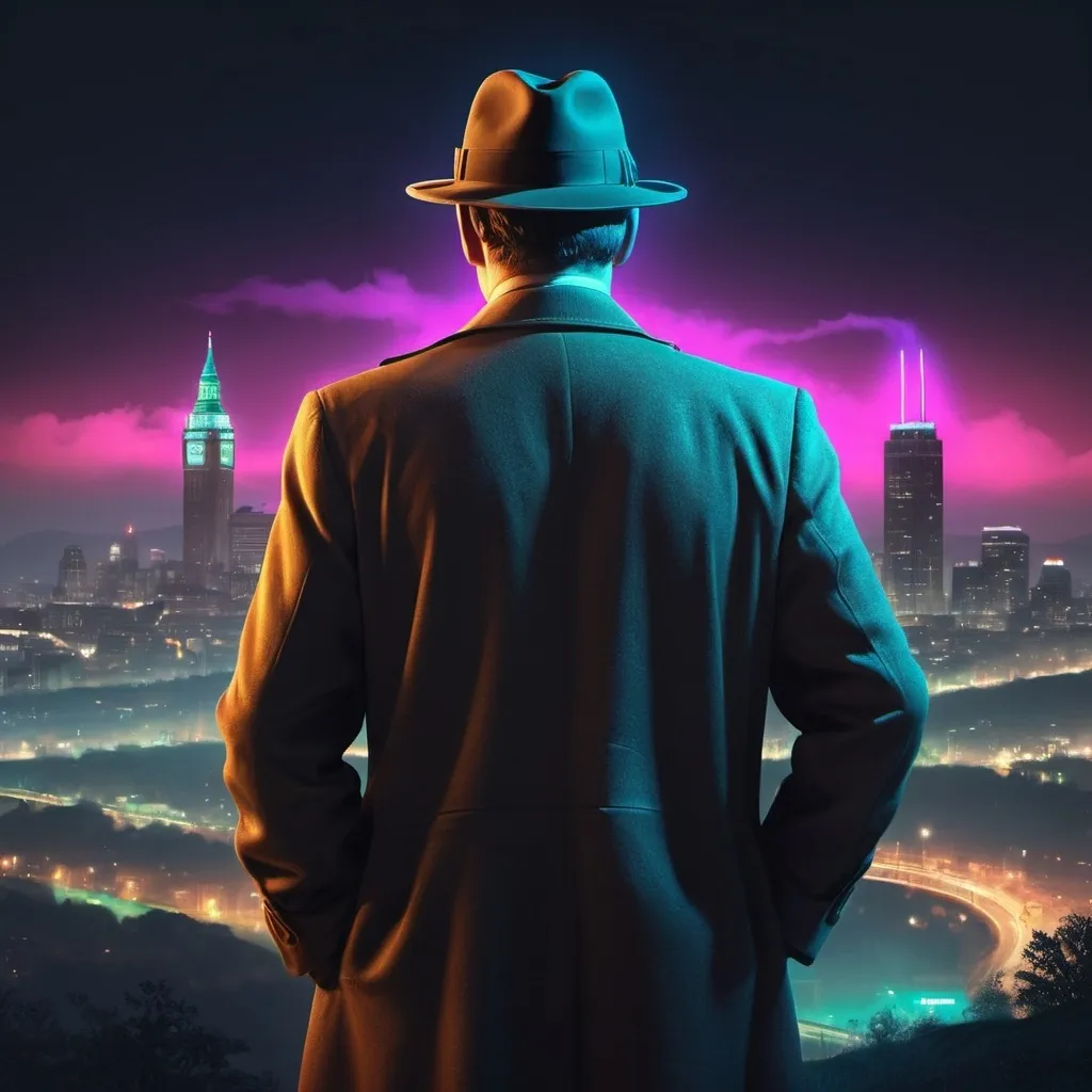 Prompt: portrait of 60s detective standing on a hill on a mistic night looking over the city Prompted I'm need a 3D Detective Logo with the d for detective and neon lights around it