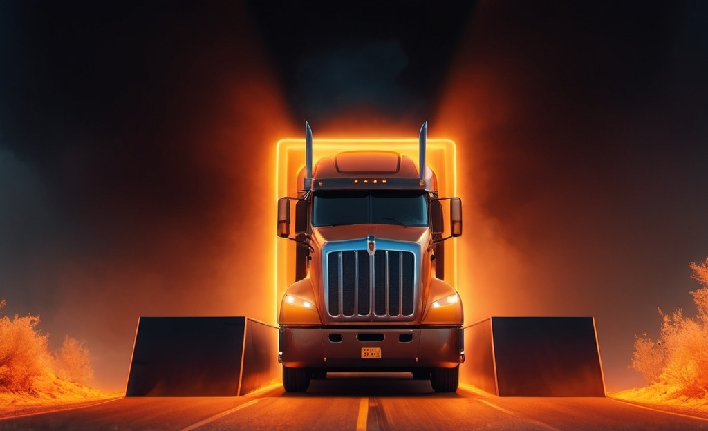 Prompt: a semi truck driving through a bright orenge light filled area ofsmoke with a bright yellow and orange light behind it, Beeple, photorealism, promotional image, a computer rendering