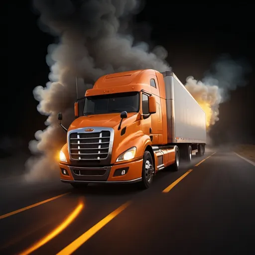 Prompt: realistic render, a digital rendering,  a semi truck driving through a bright orenge light filled area of smoke with a bright yellow and orange light behind it,, photorealism, promotional image, a computer rendering, 4k real