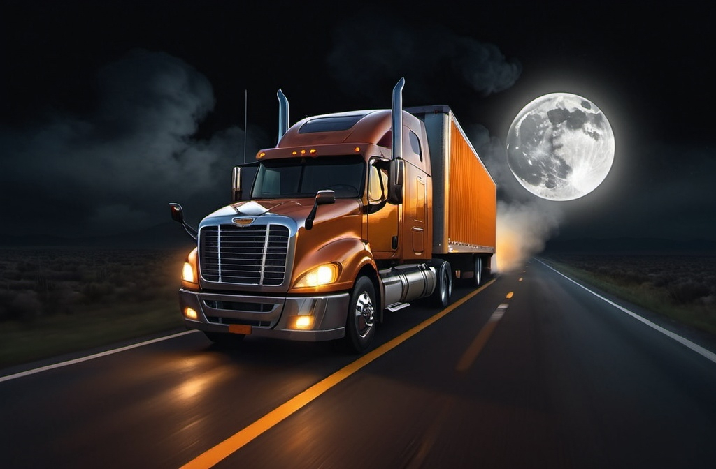 Prompt: a semi truck driving down a dark road at night with a  background and a full moon in the sky, Andries Stock, lyco art, realistic render, a digital rendering, riving through a bright orenge light filled area of smoke with a bright yellow and orange light behind it,, photorealism, promotional image, a computer rendering, 4k real