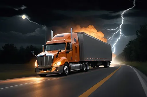 Prompt: a semi truck driving down a dark road at night with a lightning bolt in the background and a full moon in the sky, Andries Stock, lyco art, realistic render, a digital rendering, riving through a bright orenge light filled area of smoke with a bright yellow and orange light behind it,, photorealism, promotional image, a computer rendering, 4k real