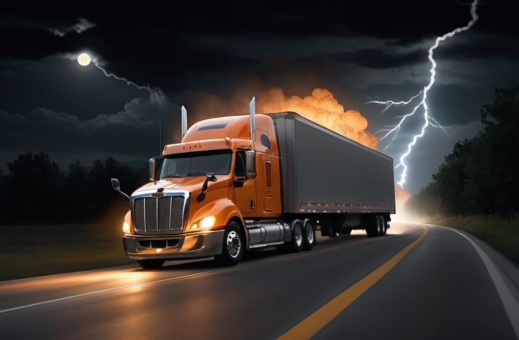 Prompt: a semi truck driving down a dark road at night with a lightning bolt in the background and a full moon in the sky, Andries Stock, lyco art, realistic render, a digital rendering, riving through a bright orenge light filled area of smoke with a bright yellow and orange light behind it,, photorealism, promotional image, a computer rendering, 4k real