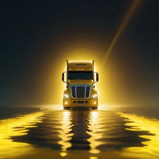 Prompt: a semi truck driving through a bright yellow light filled area of water with a bright yellow light behind it, Beeple, photorealism, promotional image, a computer rendering