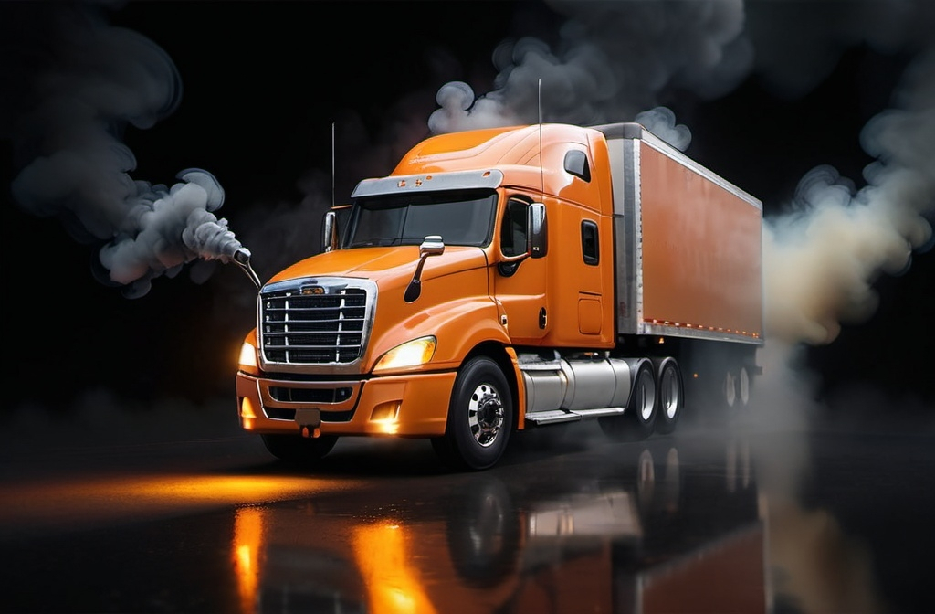 Prompt: a semi truck , realistic render, a digital rendering, riving through a bright orenge light filled area of smoke with a bright yellow and orange light behind it,, photorealism, promotional image, a computer rendering, 4k real