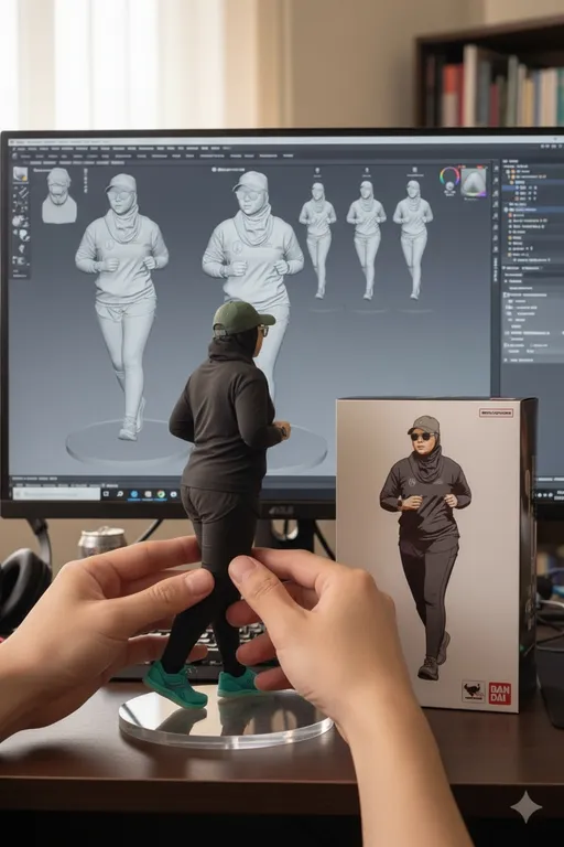 Prompt: Two hands gently pick up the figure in the frame and rotate it slightly for inspection. The model on the computer screen and the model printed on the packaging box remain stationary, while all other background elements stay unchanged.
silahkan di copypaste