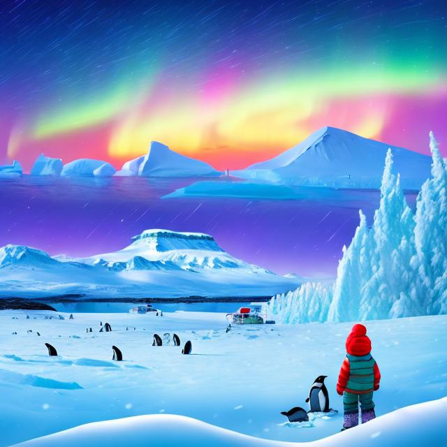 Prompt: Boy exploring the Arctic tundra, sees a family of penguins building a nest in the distance, with Northern Lights overhead, and a Big UFO Flying overhead,Ultra real, coloring book page