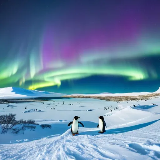 Prompt: Boy exploring the Arctic tundra, sees a family of penguins building a nest in the distance, with Northern Lights overhead, and a Big UFO Flying overhead,Ultra real, coloring book page