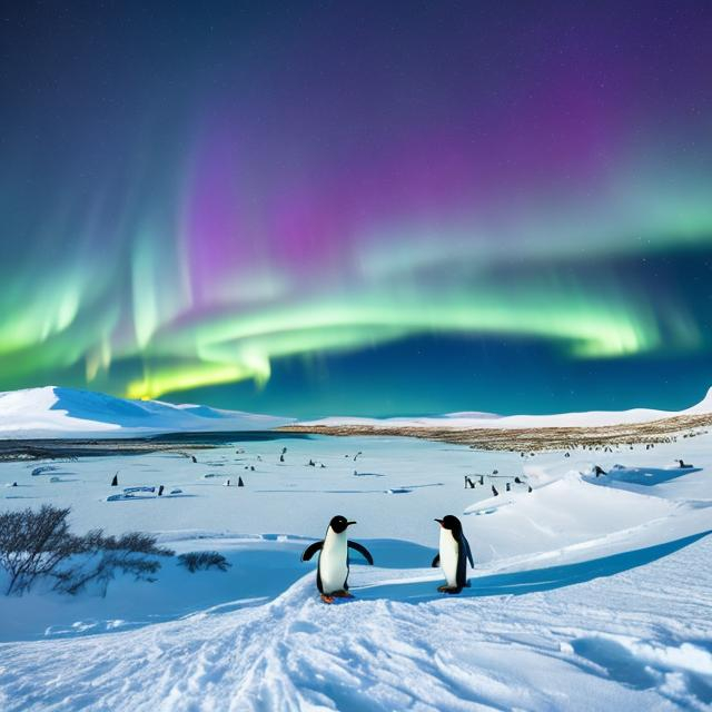 Prompt: Boy exploring the Arctic tundra, sees a family of penguins building a nest in the distance, with Northern Lights overhead, and a Big UFO Flying overhead,Ultra real, coloring book page