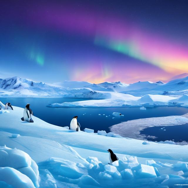 Prompt: Boy exploring the Arctic tundra, sees a family of penguins building a nest in the distance, with Northern Lights overhead, and a Big UFO Flying overhead,Ultra real, coloring book page