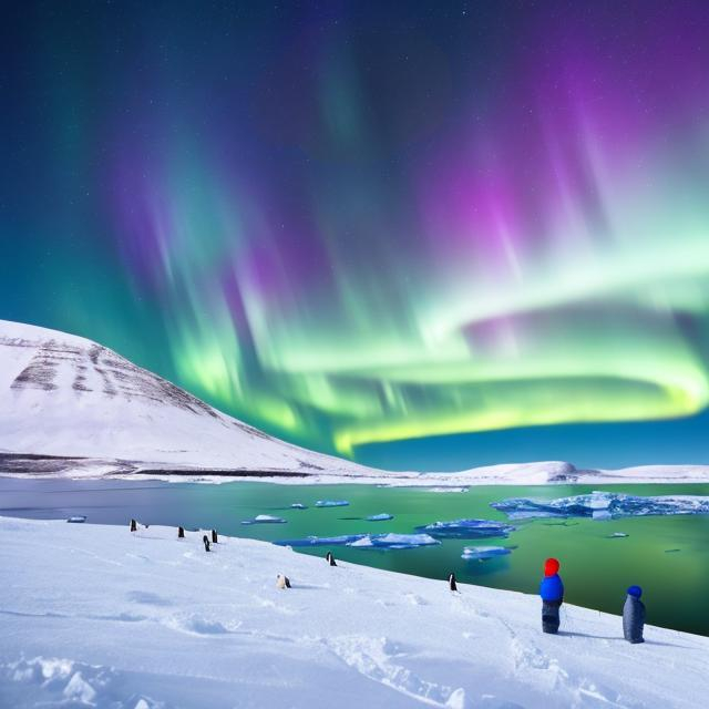 Prompt: Boy exploring the Arctic tundra, sees a family of penguins building a nest in the distance, with Northern Lights overhead, and a Big UFO Flying overhead,Ultra real, coloring book page