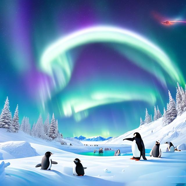 Prompt: Boy exploring the Arctic tundra, sees a family of penguins building a nest in the distance, with Northern Lights overhead, and a Big UFO Flying overhead,Ultra real, coloring book page