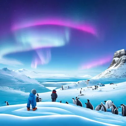 Prompt: Boy exploring the Arctic tundra, sees a family of penguins building a nest in the distance, with Northern Lights overhead, and a Big UFO Flying overhead,Ultra real, coloring book page