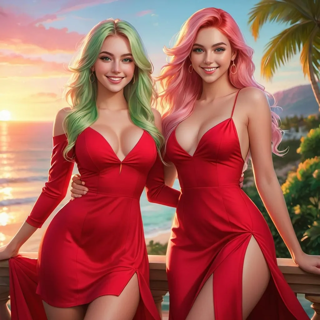Prompt: a full body picture of 2 women, 18 years old with long blonde hair and the other with soft pink hair, posing together large green eyes wearing red dresses and smiling at the camera, Artgerm, fantasy art, realistic shaded perfect face, a detailed painting, bright sunset resort backround