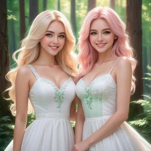Prompt: a picture of 2 women with long blonde hair and the other with soft pink hair, posing adorably together large green eyes wearing white dresses and smiling at the camera, Artgerm, fantasy art, realistic shaded perfect face, a detailed painting, sunny snowy forest backround, 18 years old