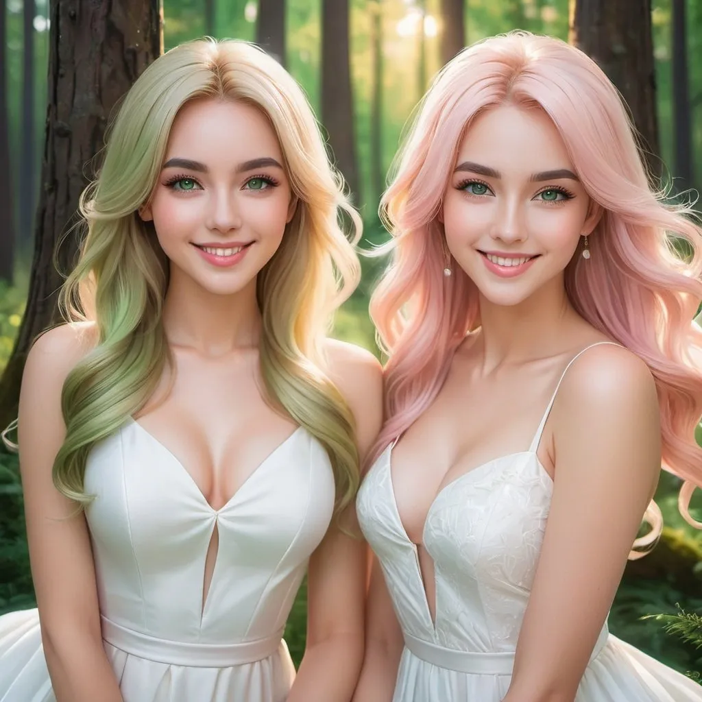 Prompt: a picture of 2 women with long blonde hair and the other with soft pink hair, posing together large green eyes wearing white dresses and smiling at the camera, Artgerm, fantasy art, realistic shaded perfect face, a detailed painting, sunny snowy forest backround, 18 years old