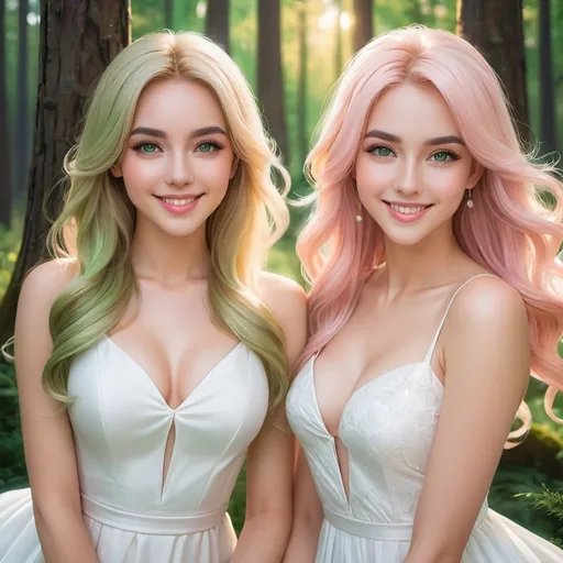 Prompt: a picture of 2 women with long blonde hair and the other with soft pink hair, posing together large green eyes wearing white dresses and smiling at the camera, Artgerm, fantasy art, realistic shaded perfect face, a detailed painting, sunny snowy forest backround, 18 years old