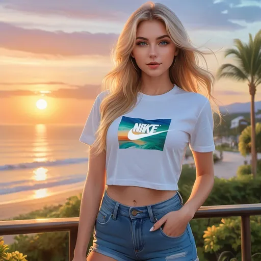 Prompt: a full body picture of a woman with long blonde hair, large green eyes and facing camera, Artgerm, fantasy art, realistic shaded perfect face, a detailed painting, wearing blue jeans, white nike cropped tshirt standing in front of sunset at a beautiful resort style backround, 18 years old