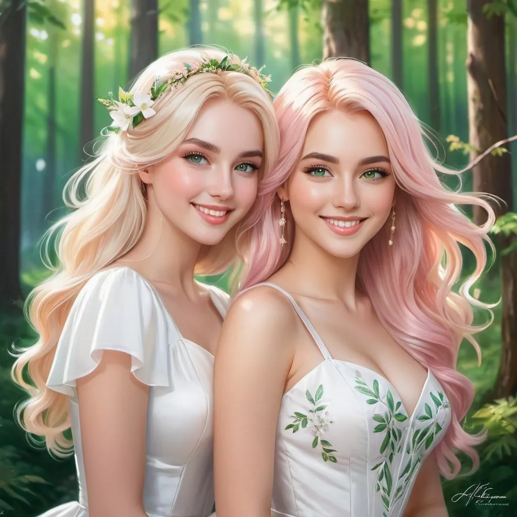 Prompt: a picture of 2 women with long blonde hair and the other with soft pink hair, posing together large green eyes wearing white dresses and smiling at the camera, Artgerm, fantasy art, realistic shaded perfect face, a detailed painting, sunny snowy forest backround, 18 years old