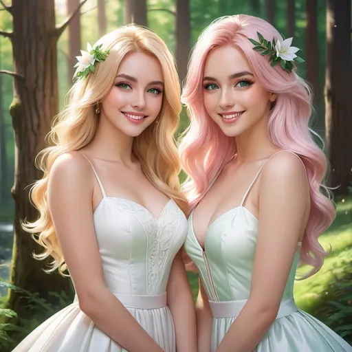 Prompt: a picture of 2 women with long blonde hair and the other with soft pink hair, posing together large green eyes wearing white dresses and smiling at the camera, Artgerm, fantasy art, realistic shaded perfect face, a detailed painting, sunny snowy forest backround, 18 years old