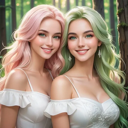 Prompt: a picture of 2 women with long blonde hair and the other with soft pink hair, posing together large green eyes wearing white dresses and smiling at the camera, Artgerm, fantasy art, realistic shaded perfect face, a detailed painting, sunny snowy forest backround, 18 years old