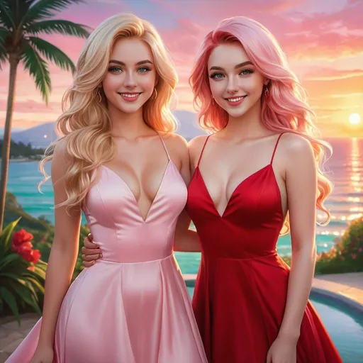 Prompt: a full body picture of 2 women, 18 years old with long blonde hair and the other with soft pink hair, posing together large green eyes wearing red dresses and smiling at the camera, Artgerm, fantasy art, realistic shaded perfect face, a detailed painting, bright sunset resort backround