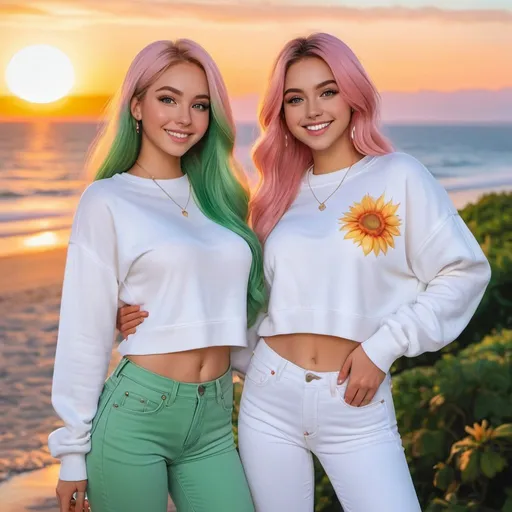 Prompt: a full body picture of 2 women, 18 years old with long blonde hair and the other with soft pink hair, posing together large green eyes wearing white cropped blank sweaters and jeans and smiling at the camera, Artgerm, fantasy art, realistic shaded perfect face, a detailed painting, bright sunset resort backround