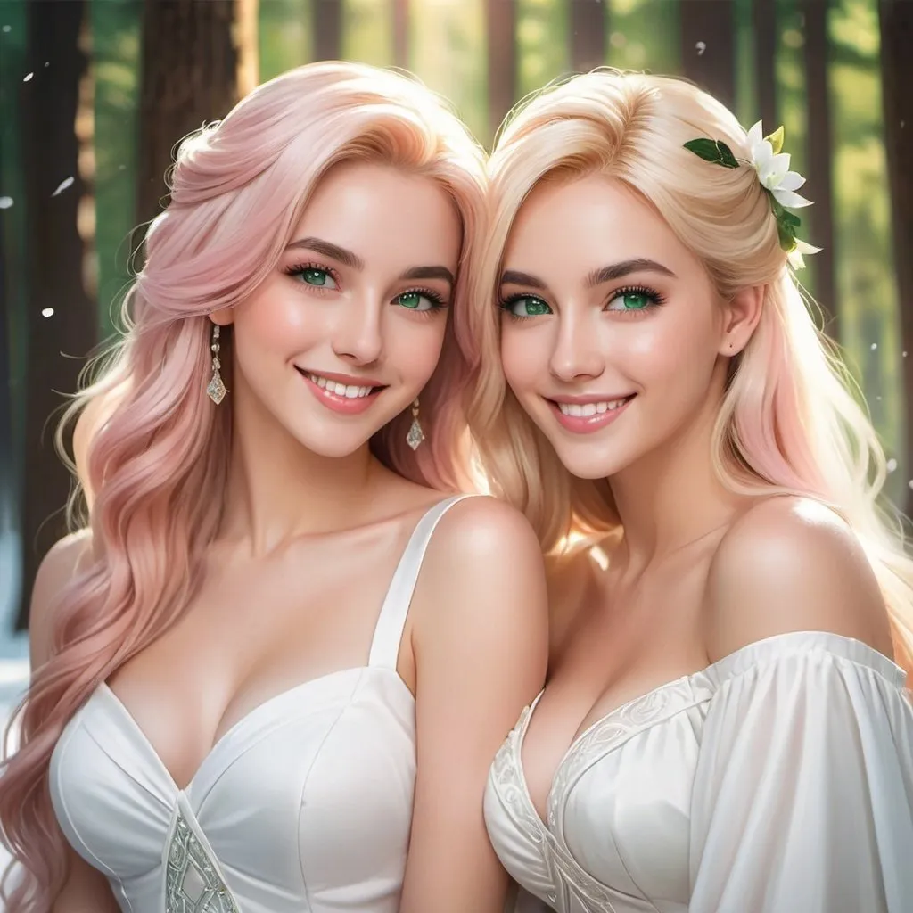 Prompt: a picture of 2 women with long blonde hair and the other with soft pink hair, posing together large green eyes wearing white dresses and smiling at the camera, Artgerm, fantasy art, realistic shaded perfect face, a detailed painting, sunny snowy forest backround, 18 years old