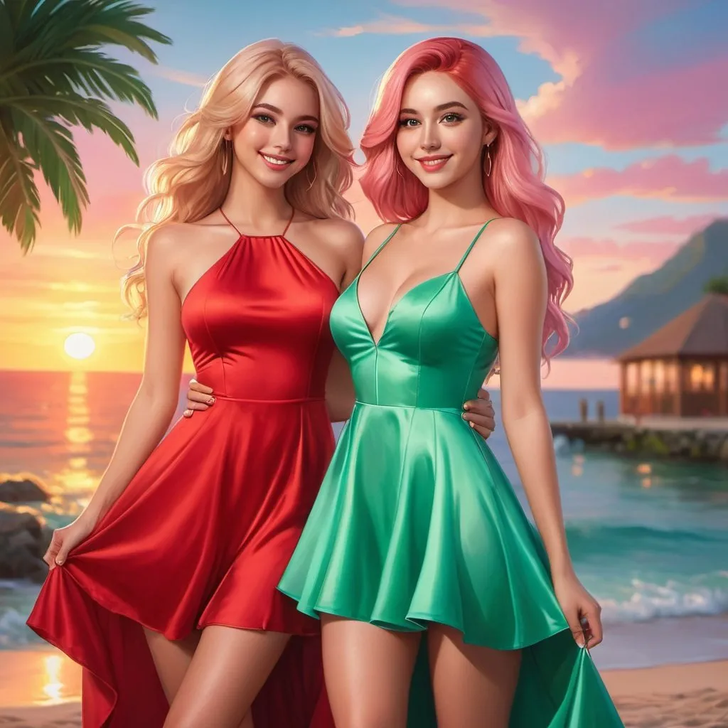 Prompt: a full body picture of 2 women, 18 years old with long blonde hair and the other with soft pink hair, posing together large green eyes wearing red dresses and smiling at the camera, Artgerm, fantasy art, realistic shaded perfect face, a detailed painting, bright sunset resort backround